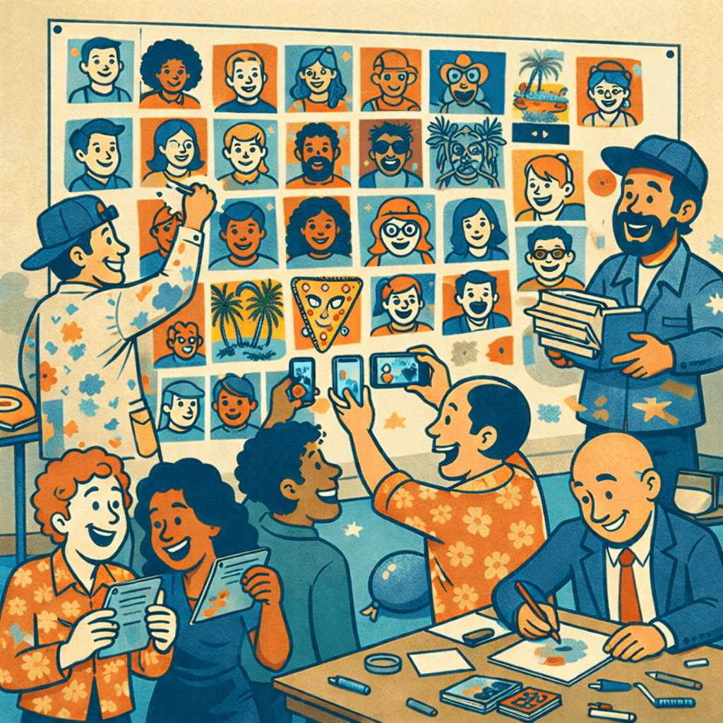 Participants du team building de La Jeance en train de dessiner leurs portraits et les accrocher sur une fresque