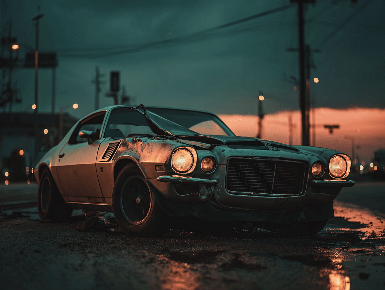 Damaged car at sunset