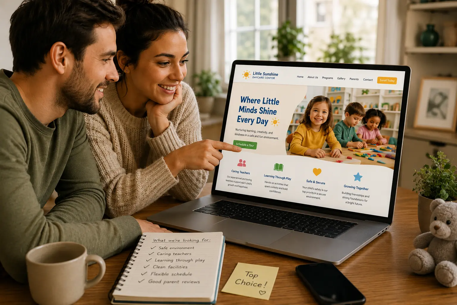 a man and a woman point at a computer on a website for a daycare center