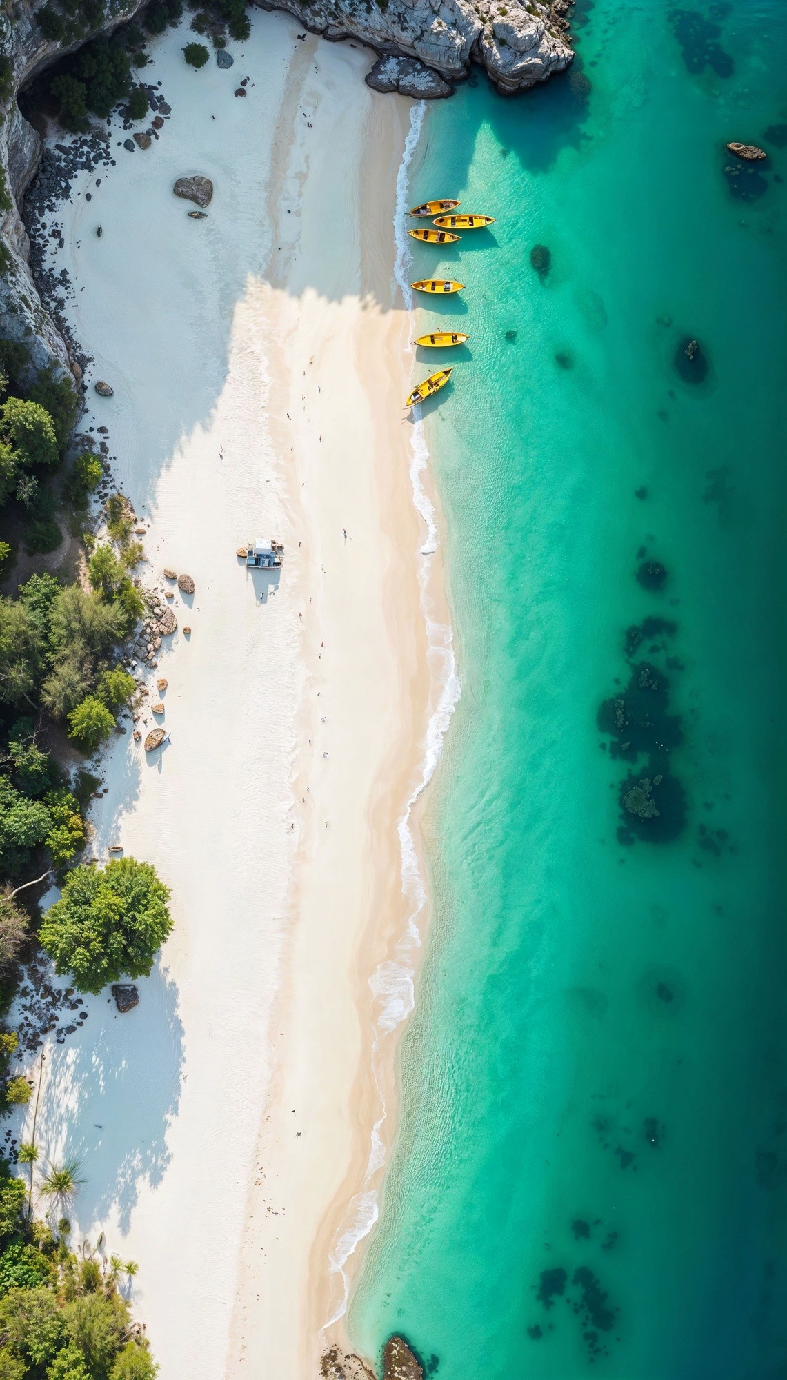 Aerial view of a sandy beach with turquoise water and rocky cliffs.      Like  Dislike