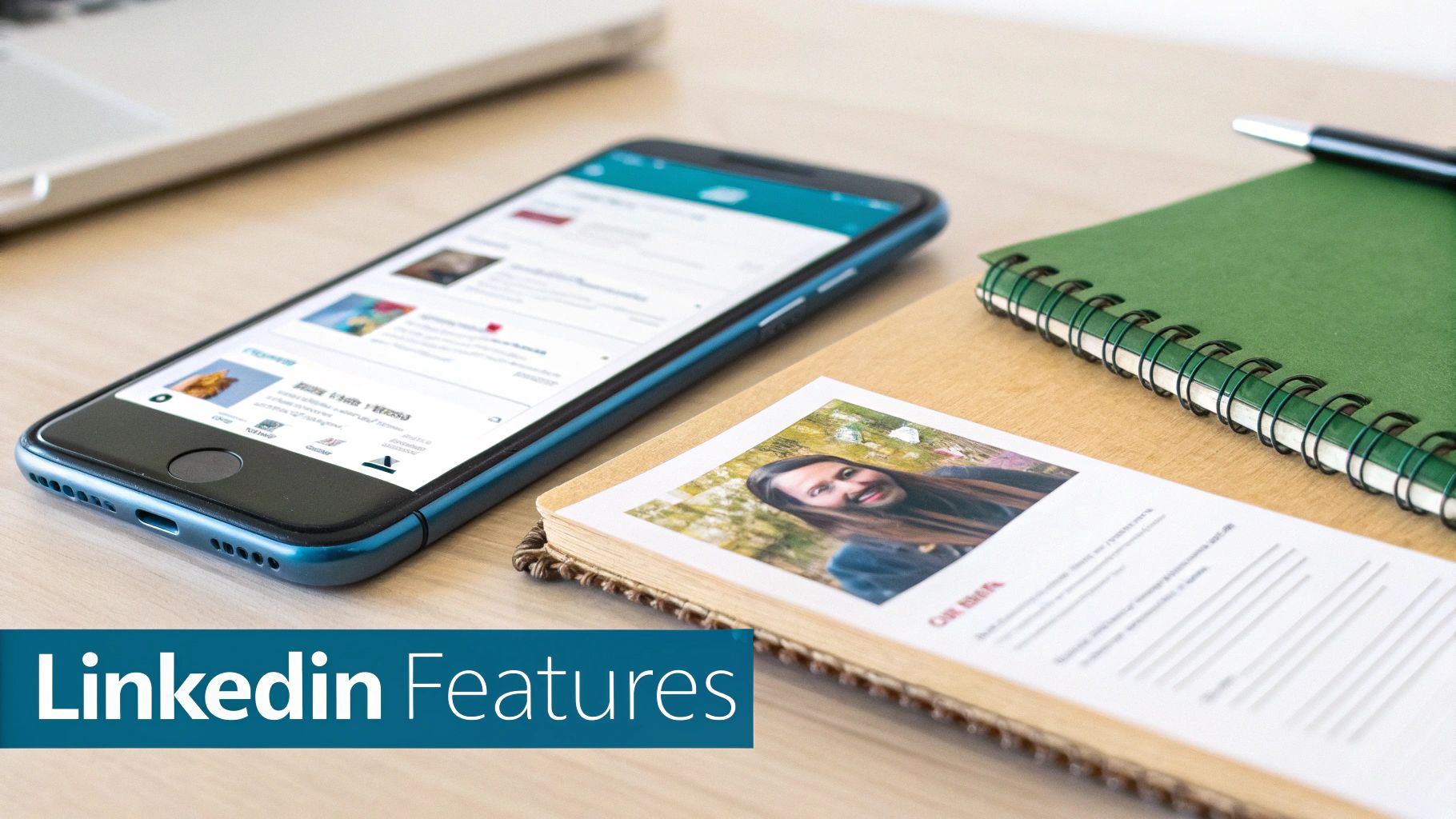 A smartphone displaying a LinkedIn feed next to an open notebook with a photo and text on a desk.