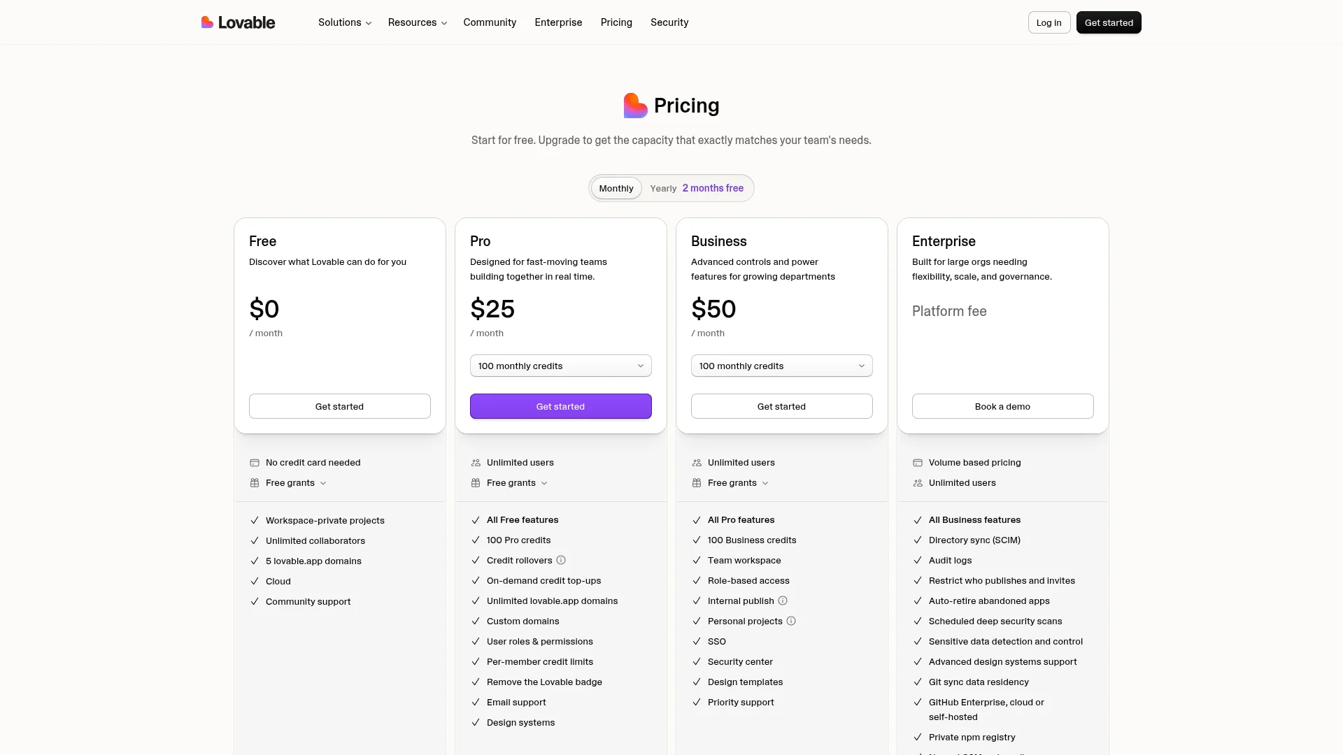 Lovable pricing page showing Free, Pro, Business, and Enterprise plans
