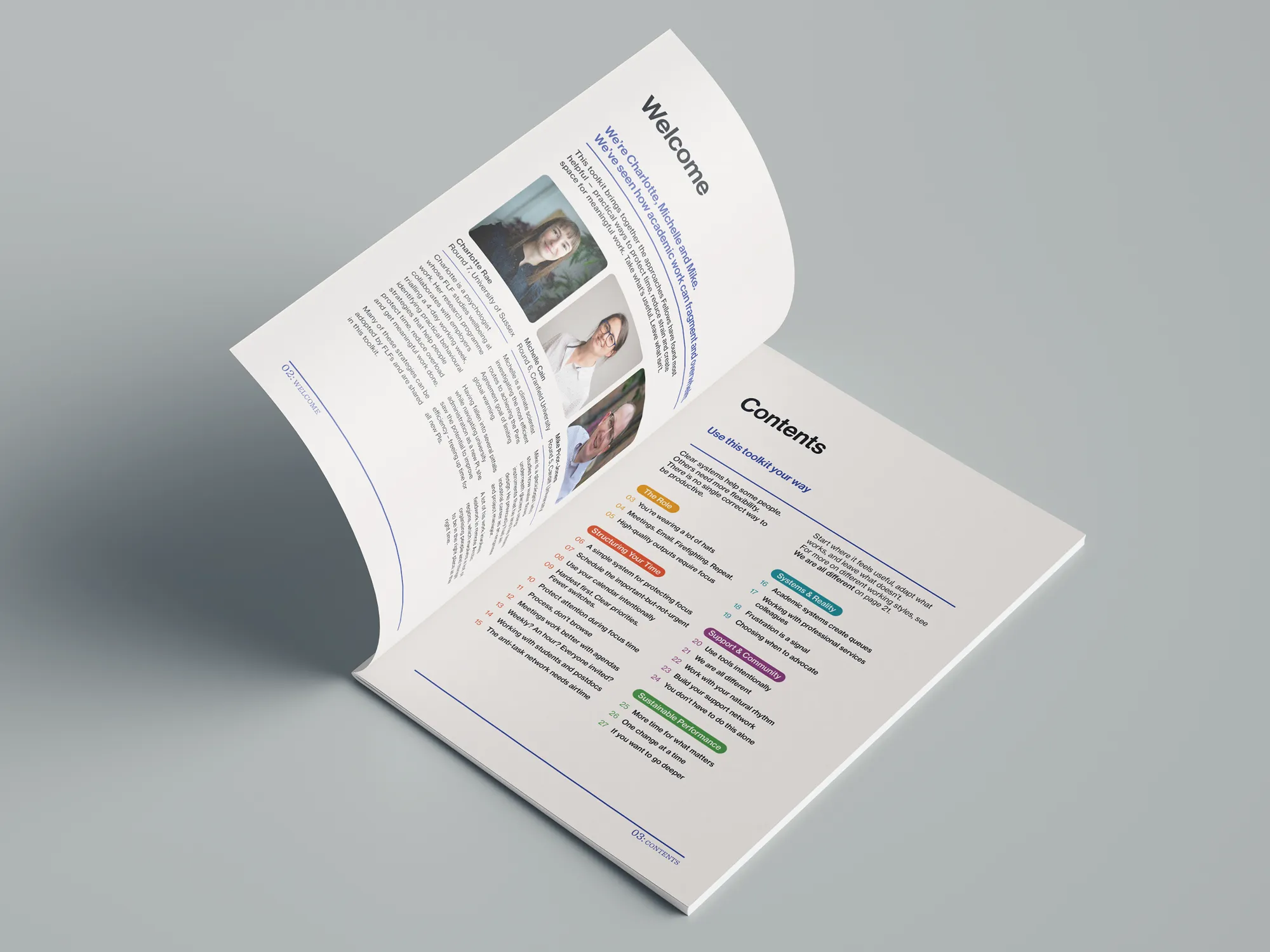 Book spread from the Coping With It All researcher toolkit, designed by Studio Gardiner for the FLF Development Network.