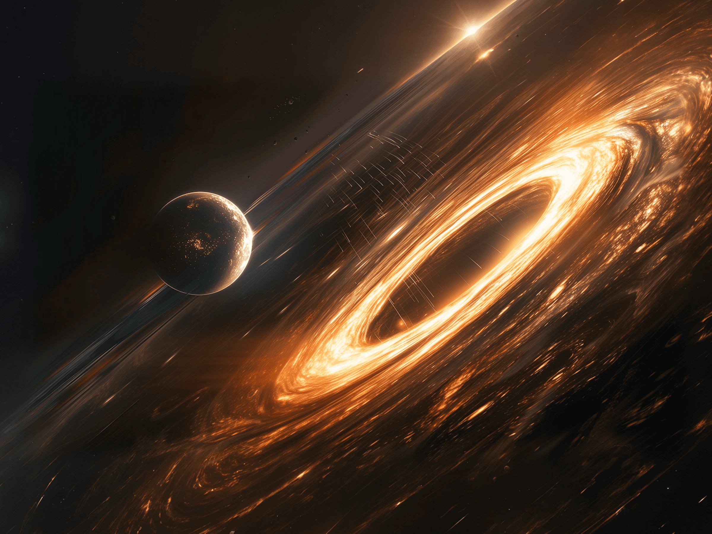 supermassive black hole with glowing accretion disk and event horizon, space-time warping visualization, planet orbiting near black hole, gravitational lensing astrophysics illustration, deep space cosmic scene