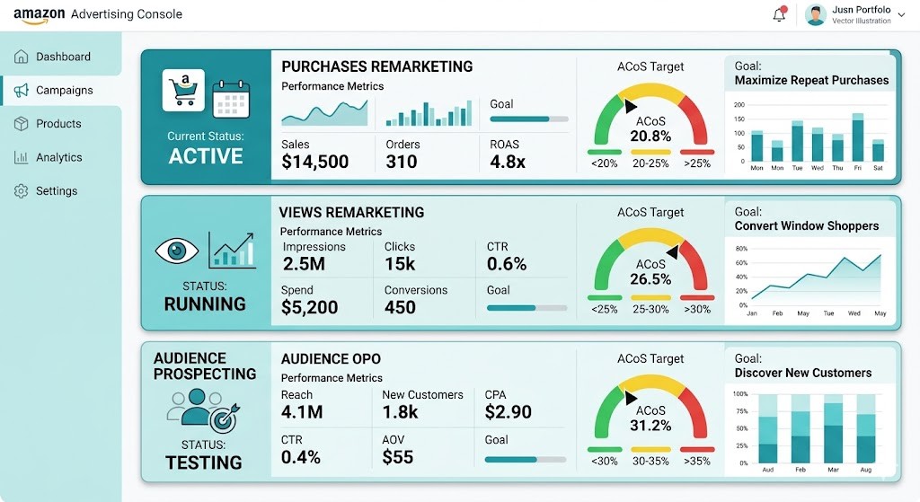 Amazon Sponsored Display campaign structure 2026 three separate campaigns purchases views audiences intent layers