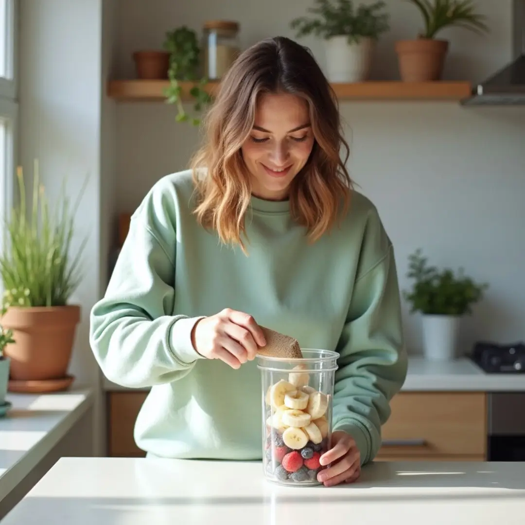 A woman prepares a smoothie in a kitchen, paired with text describing an app feature that lets users save everyday or niche items to a wishlist to keep them organized without needing to track minor price fluctuations.