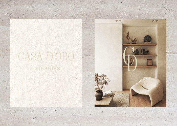 Casa D’Oro Interiors brand identity with textured stationery and a warm, earthy interior scene, conveying luxury rustic-modern design and organic branding.