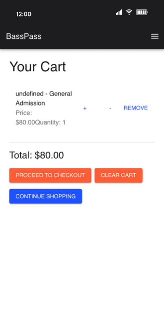 Mockup of BassPass mobile app displaying checkout cart with one-step purchasing option for event tickets.