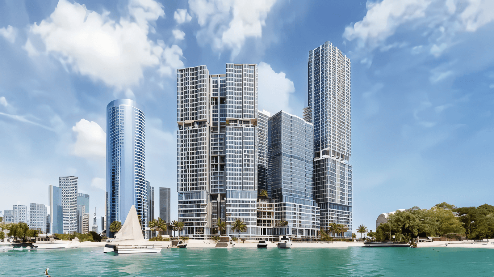 A skyline featuring the tallest buildings in the world, illuminated by sunlight, showcasing modern architectural designs.