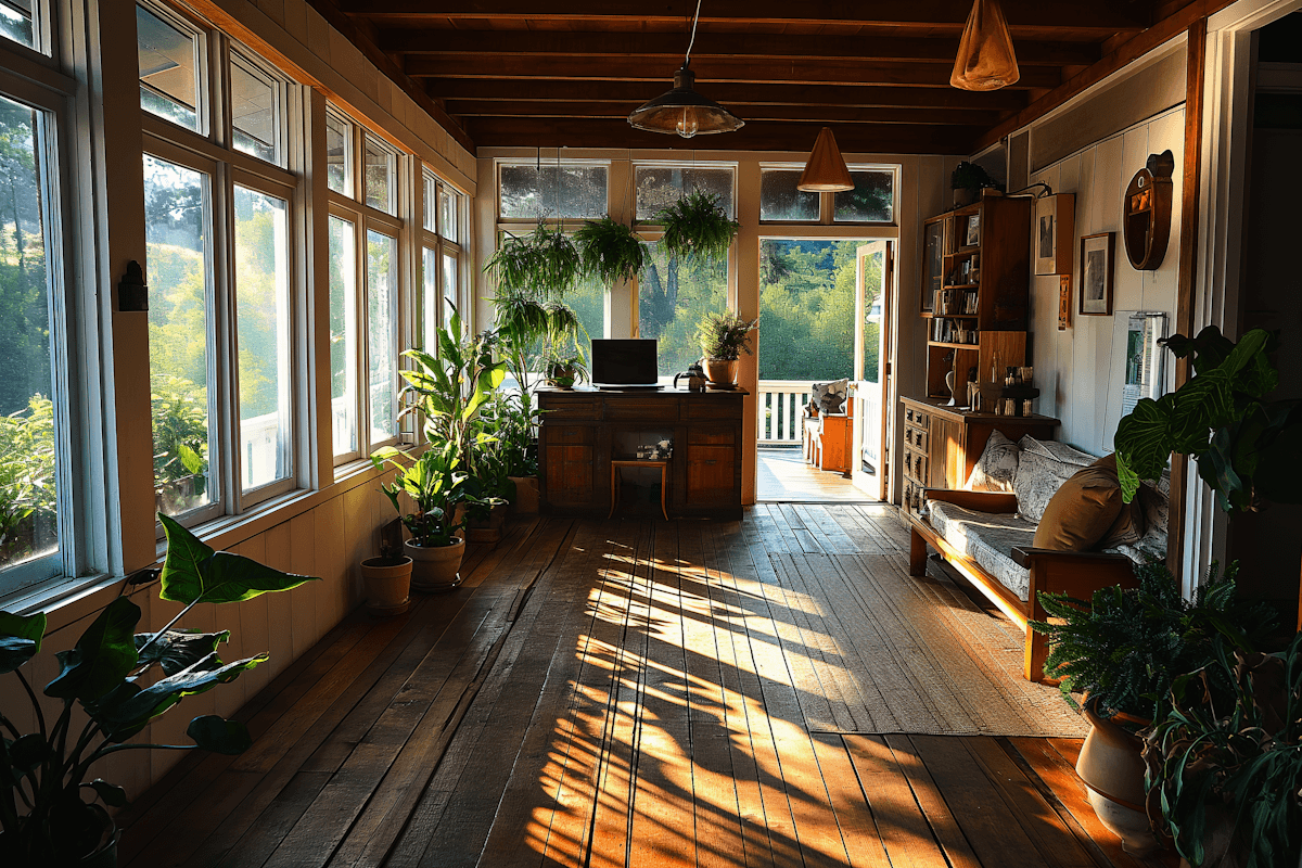 wooden house interior with a lot of plants inside