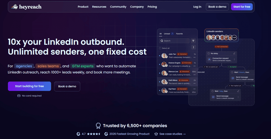 HeyReach homepage presenting outreach at scale for agencies
