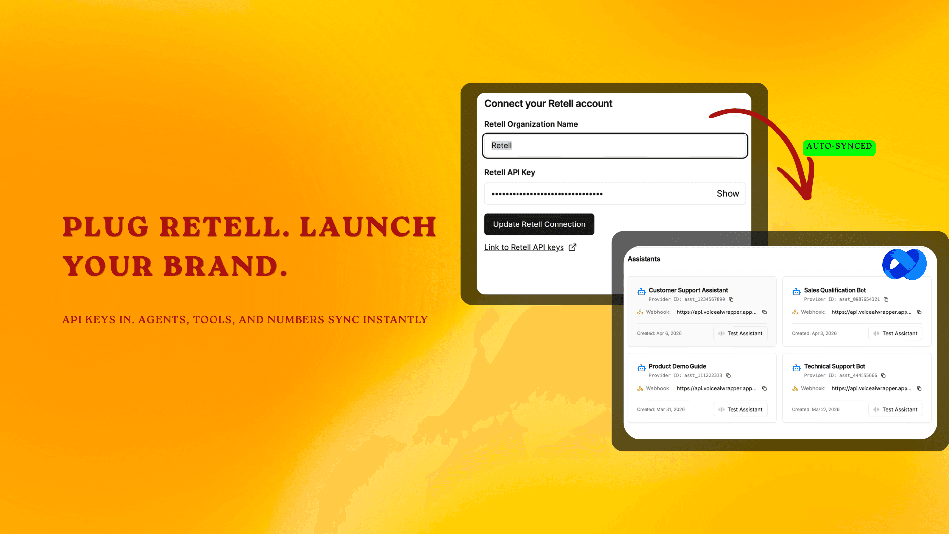 Retell AI API key connected in VoiceAIWrapper dashboard showing multiple voice agents synced | VoiceAIWrapper.