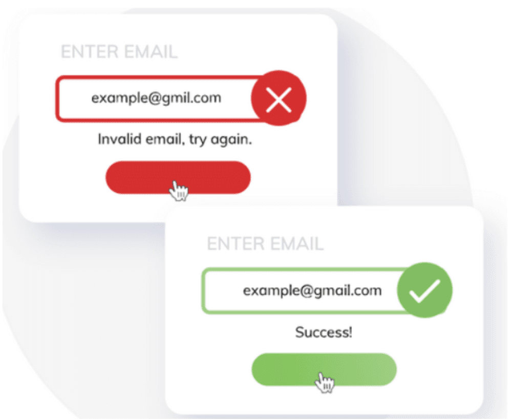 A form input interface showing invalid and valid email entries with visual feedback in red and green.