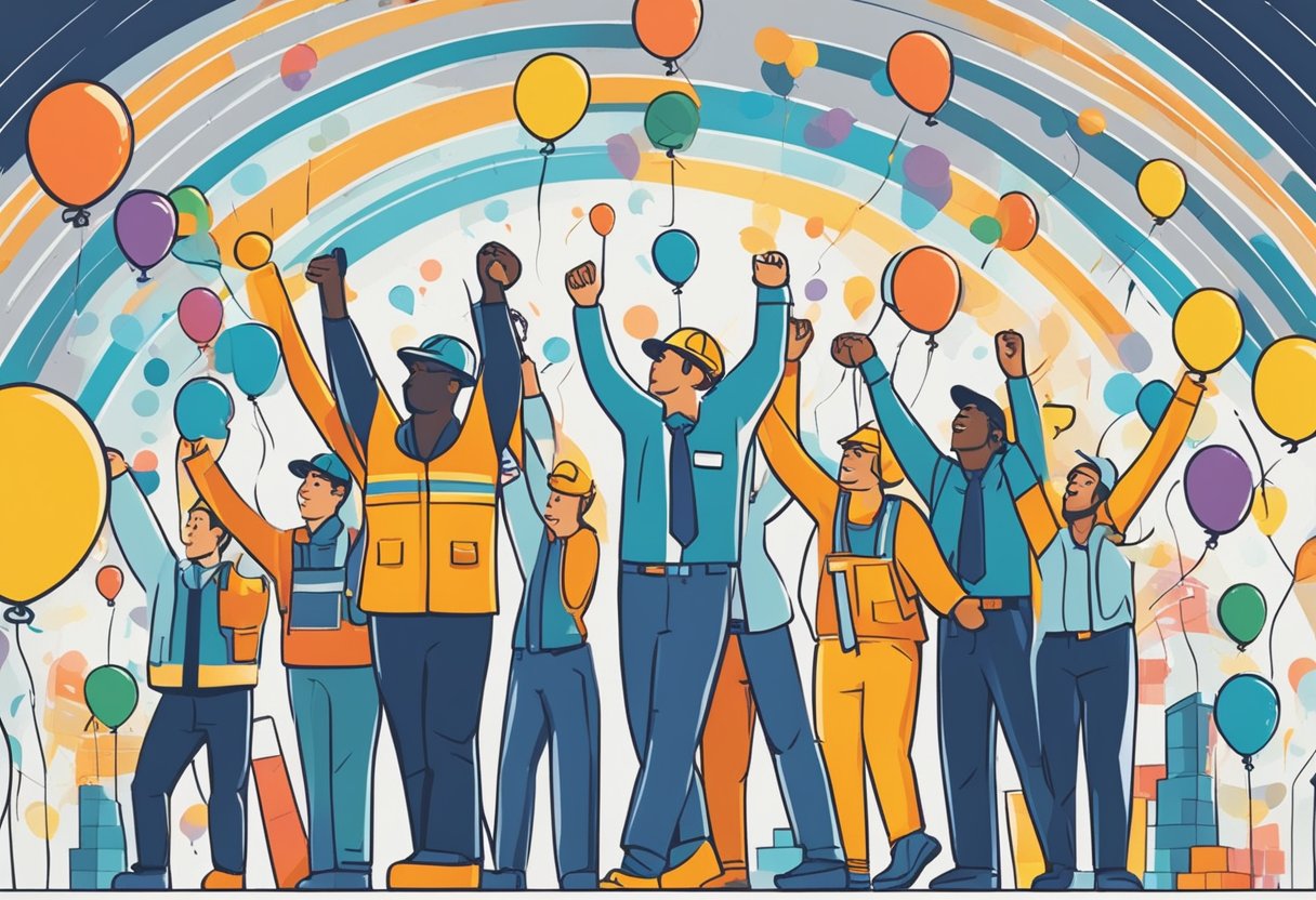 Workers celebrate as a graph showing the average pay rise in the UK steadily climbs upwards