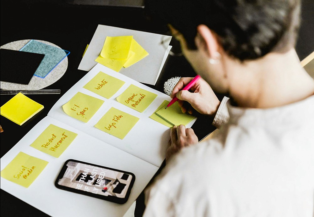 Writing notes on sticky note pad