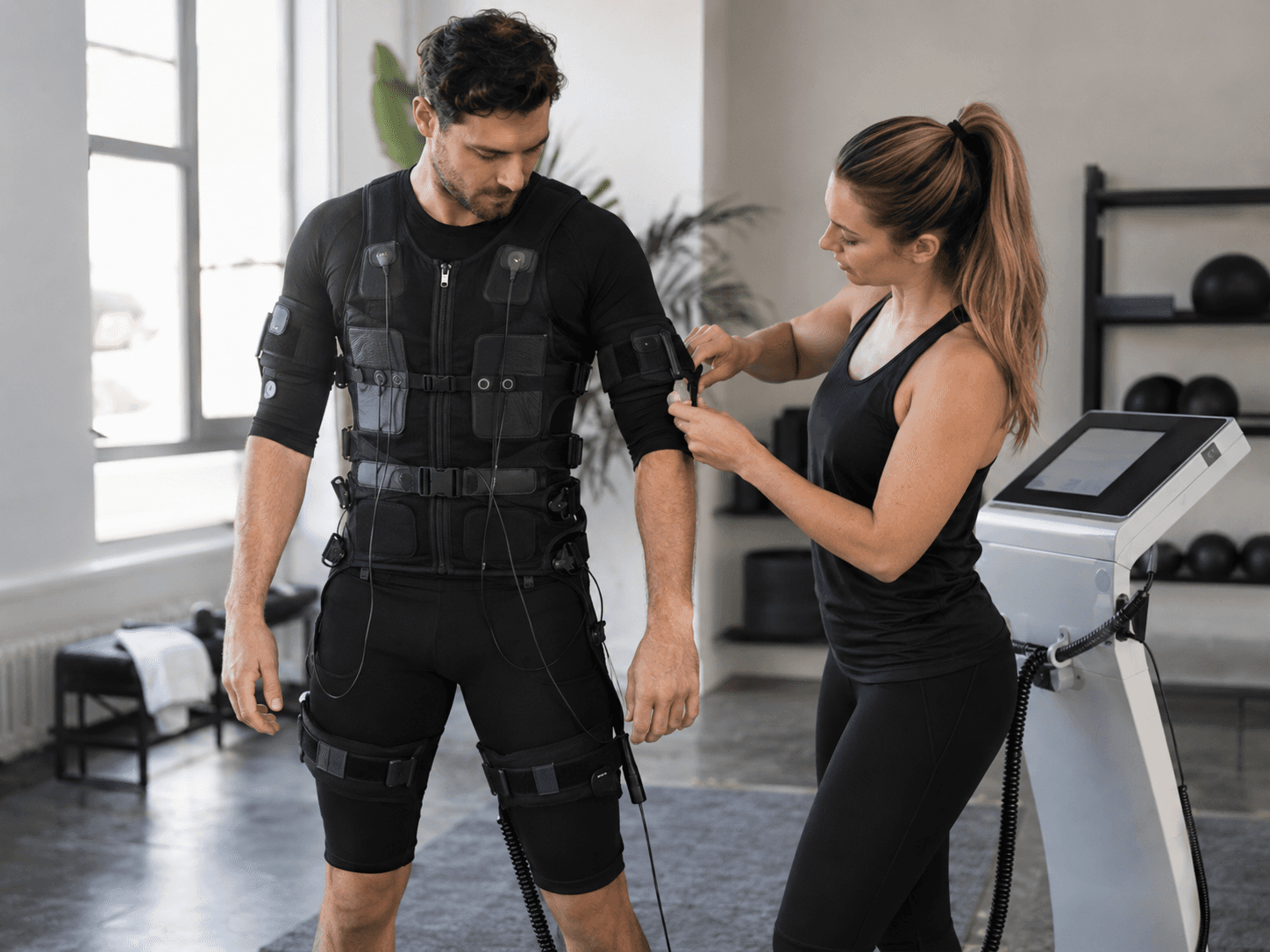 Trainer fitting a Whole-Body EMS suit on a participant in a modern fitness studio