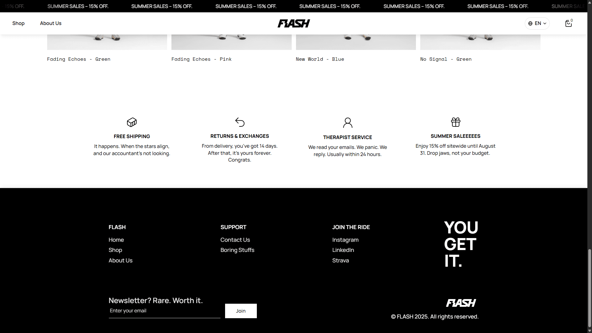 Row of four service icons with labels: Free Shipping, Returns & Exchanges, Therapist Service, and Summer Sale, displayed in a minimal black-and-white layout.