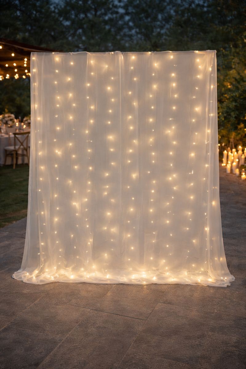 Fond photomaton rideau lumineux LED, décor sobre et élégant pour événement professionnel ou mariage