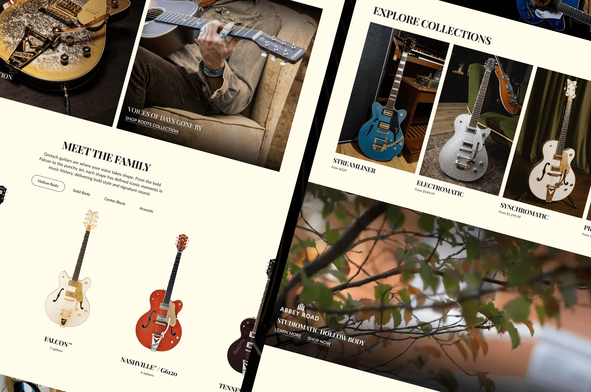 Angled mockup of Gretsch homepage showing editorial banner, guitar family selector, and Explore Collections grid.