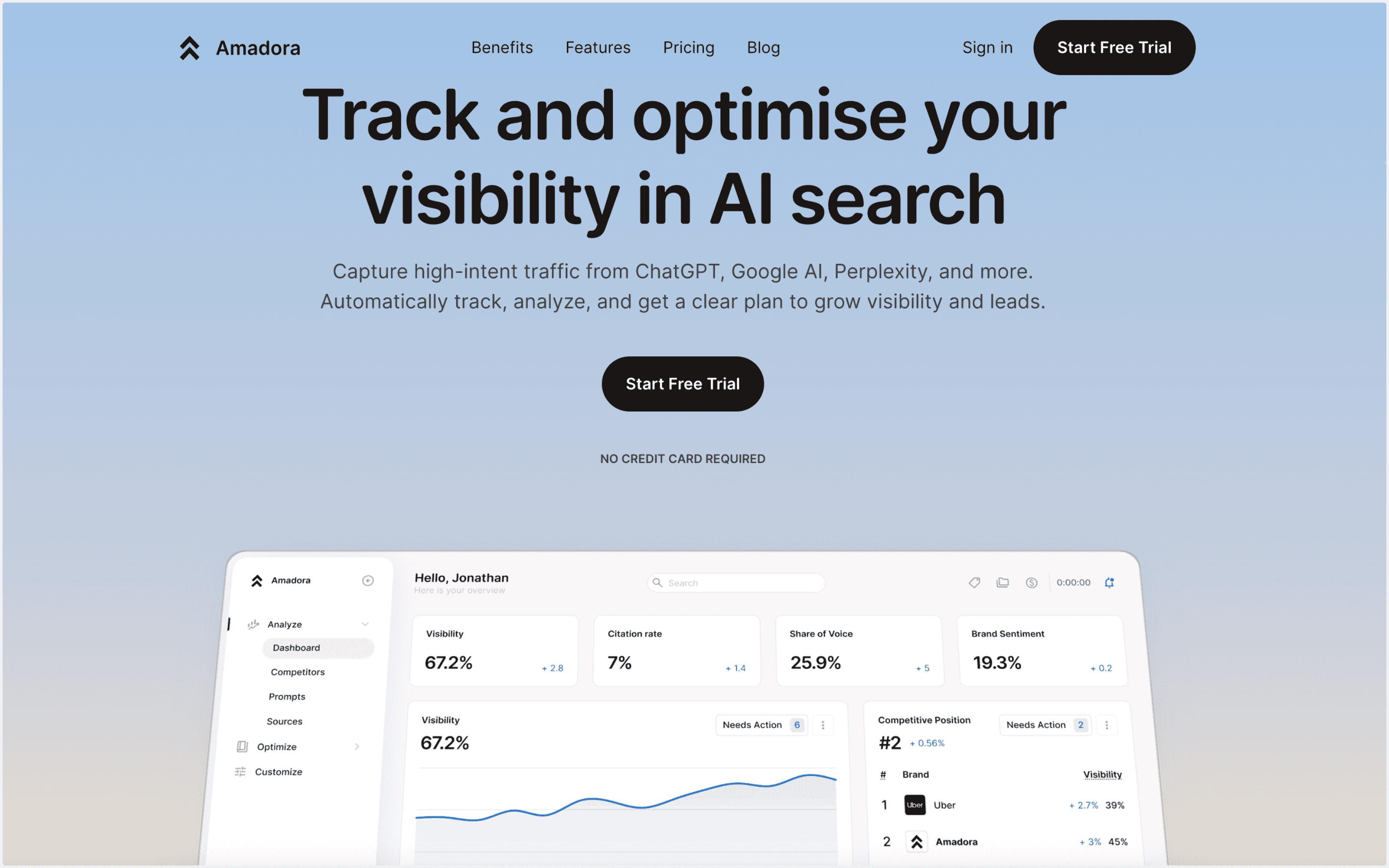 Screenshot of the Amadora.ai dashboard showing AI mention and citation tracking by prompt, including sources and competitor visibility