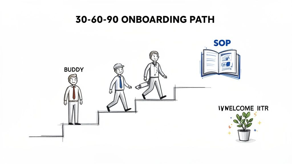 Illustration showing a 30-60-90 onboarding path with a buddy, steps, SOP book, and welcome plant.