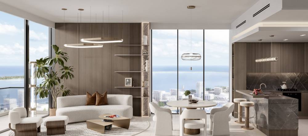 Elegant living room and dining area of a luxury condo at Portside Square, featuring modern furnishings and stylish decor.