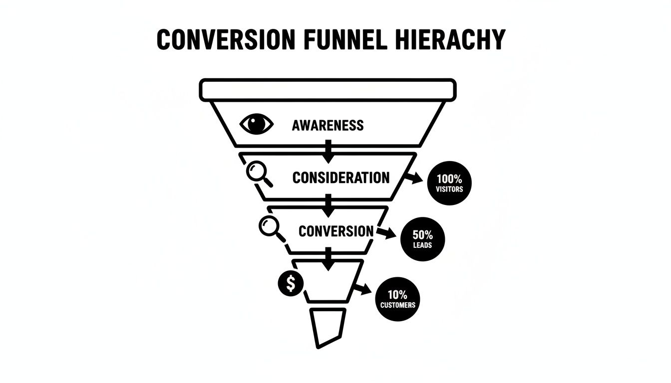 A conversion funnel hierarchy diagram illustrating stages from awareness to consideration and conversion, with decreasing percentages of visitors, leads, and customers.