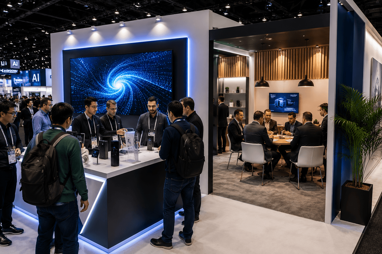 CES booth layout with a front live demo zone, product interaction counter, large screen, and rear sales conversation area for buyer follow-up