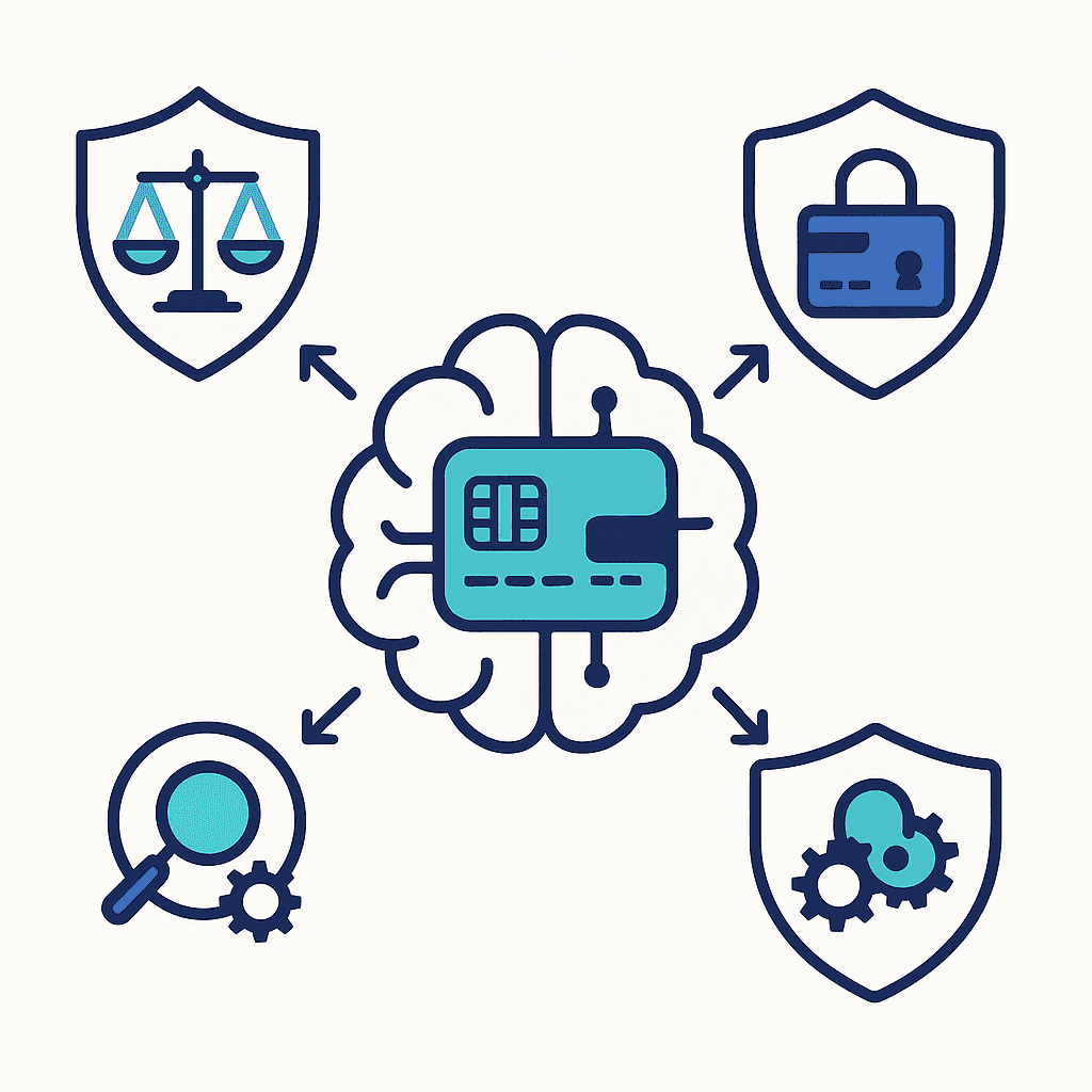 Diagram of AI payment recovery engine surrounded by shields for compliance, fraud prevention, and model monitoring