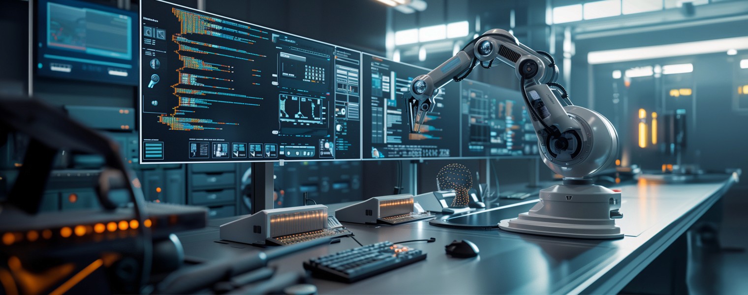 Desk with several computer monitors and an AI controled robotic arm.