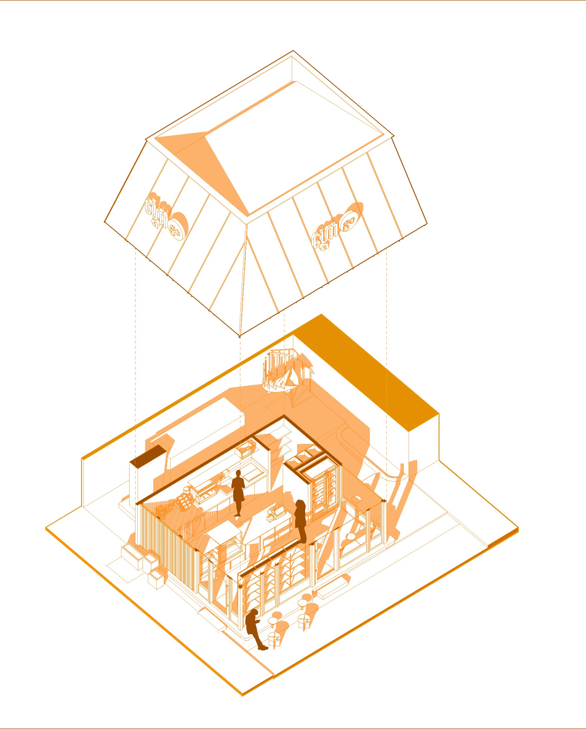 Architectural isometric diagram of Khema Go Phsar Thmei in Phnom Penh, illustrating the building's distinct roof design and the interior layout of its modern takeaway and retail space.