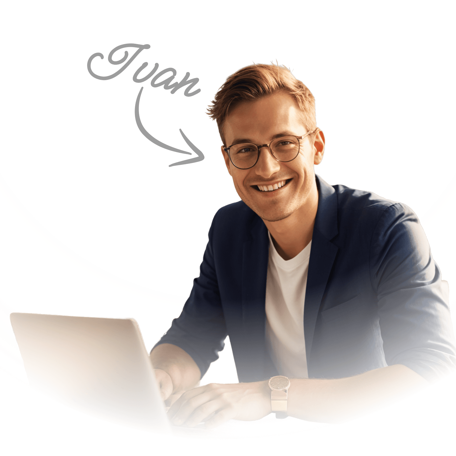 Smiling business professional in a navy suit and tie posing with confidence.