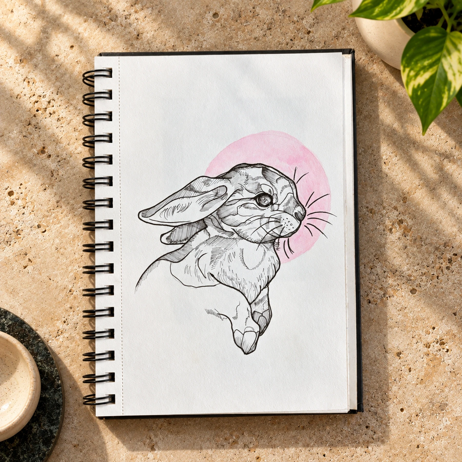 Drawing of a leaping rabbit against a pink circle.
