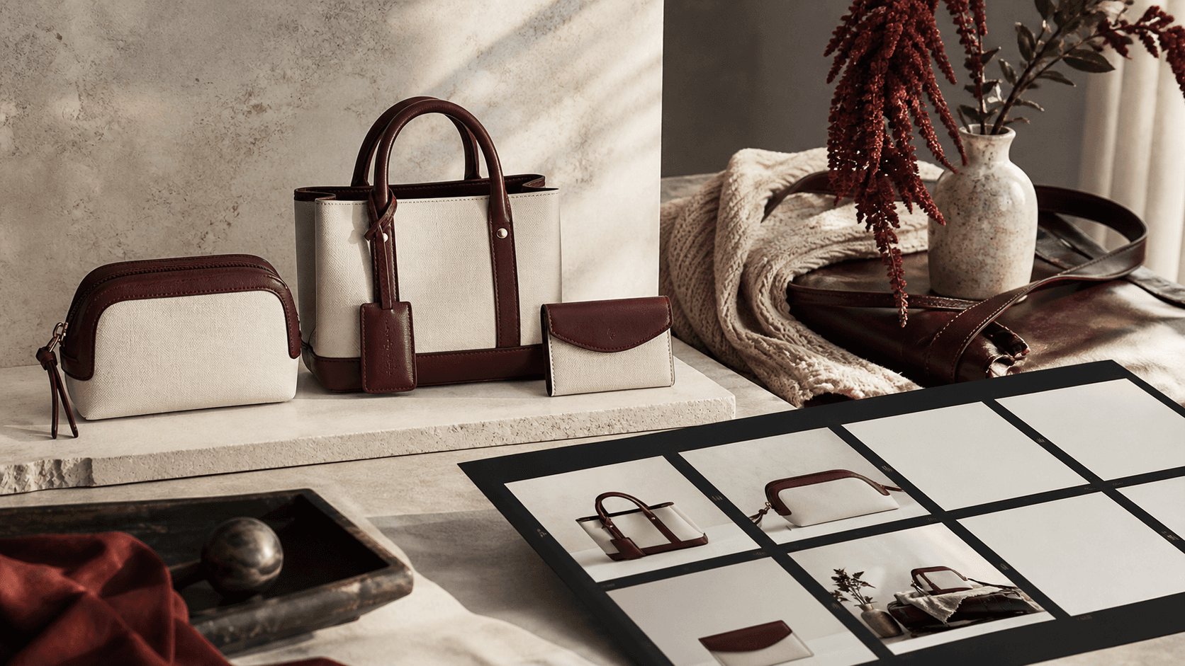 Coordinated handbag collection shown as packshots, a lifestyle scene, and a contact sheet