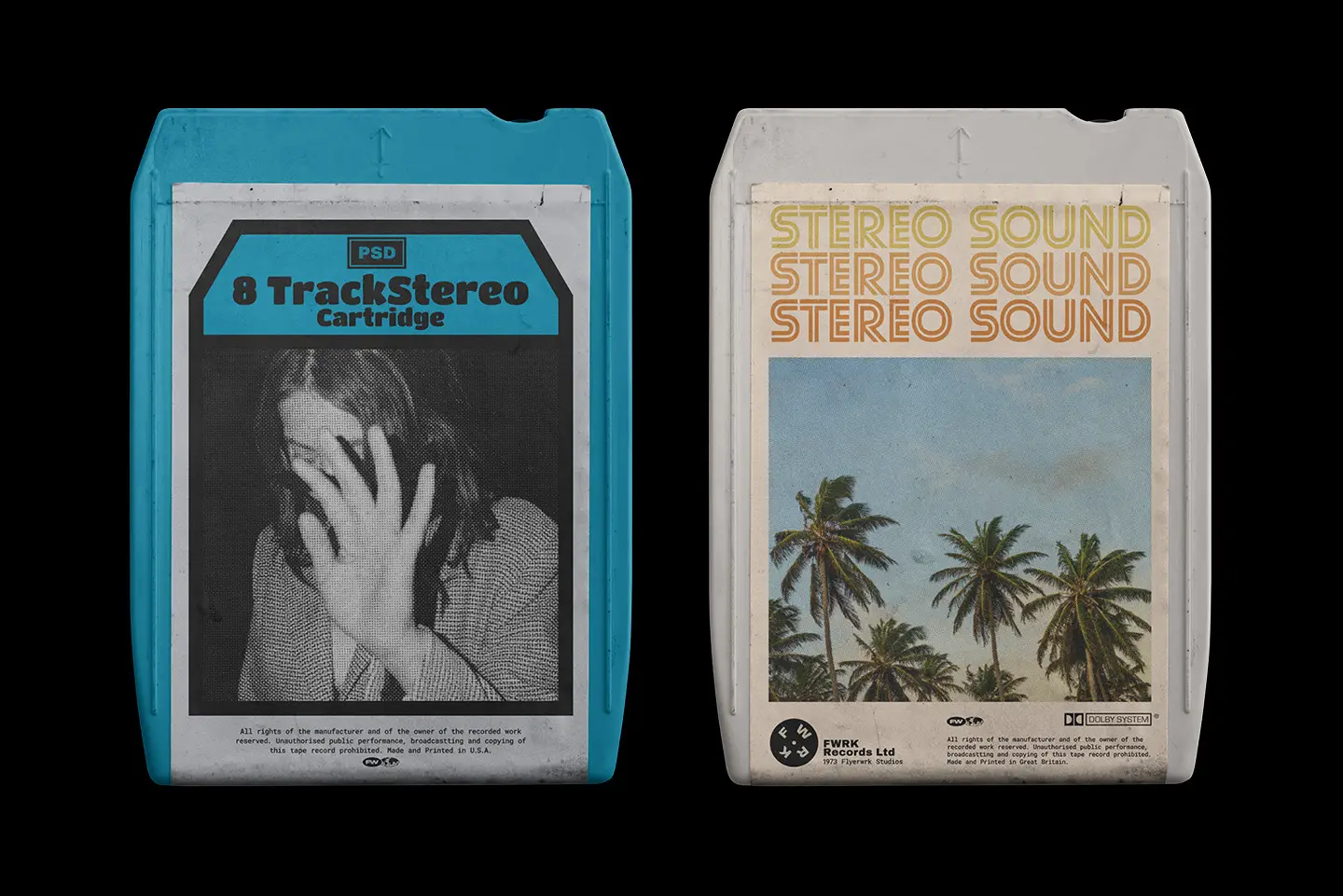 8-Track Cartridge Mockup featuring teal and light grey shell options with retro label designs