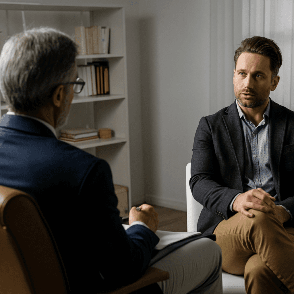 A man visiting a psychiatrist in a natural tone room.
