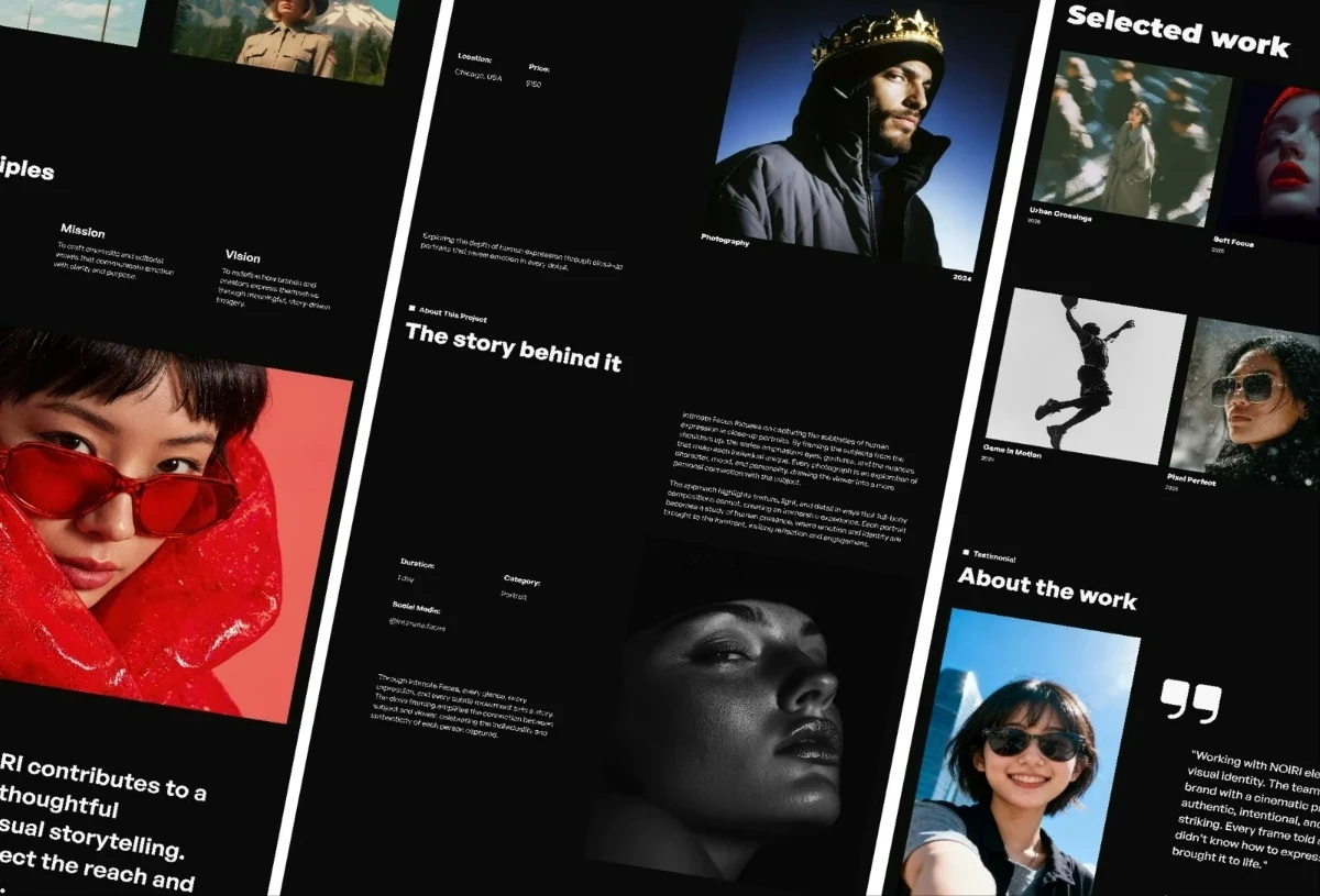 Mission statement timeline, project showcase layout, and testimonials section within the Noiri Framer template.