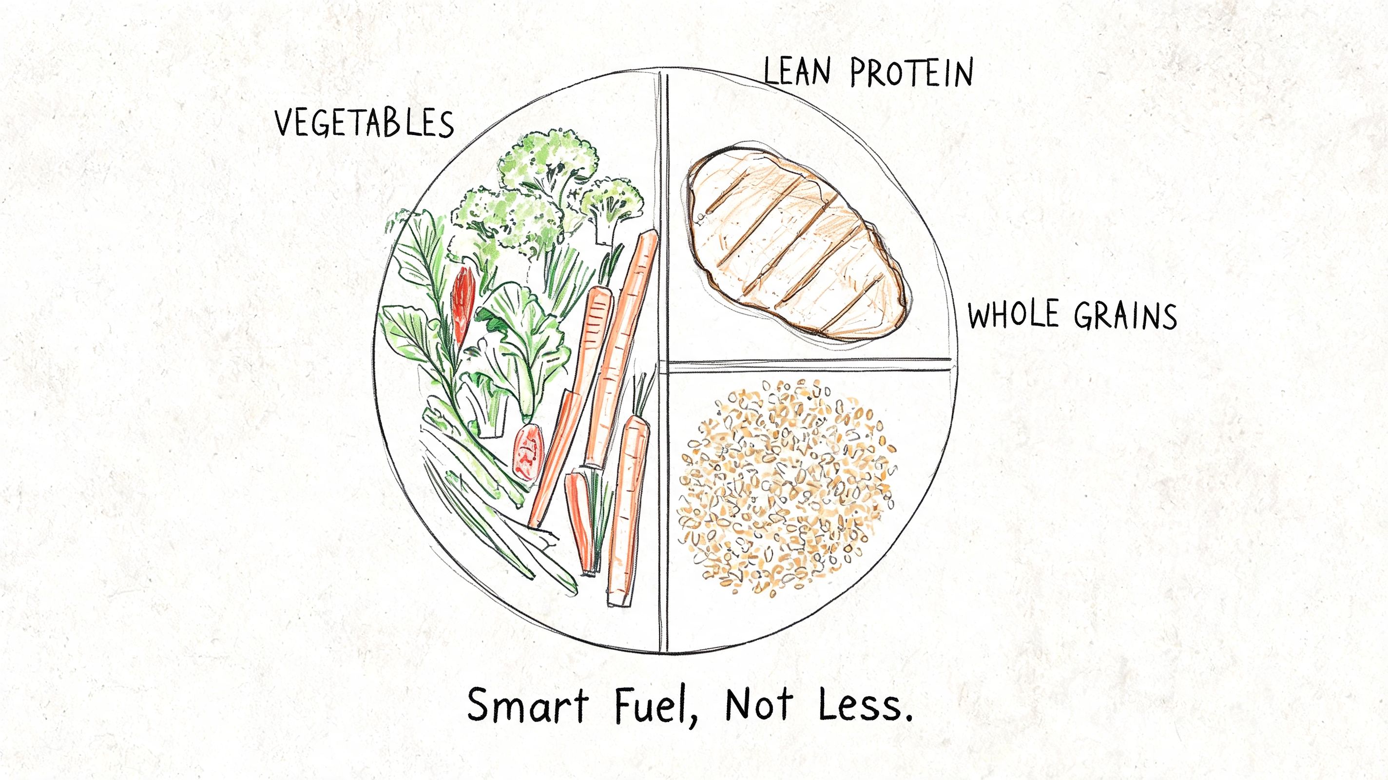 A hand-drawn illustration of a balanced plate divided into sections for vegetables, lean protein, and whole grains.