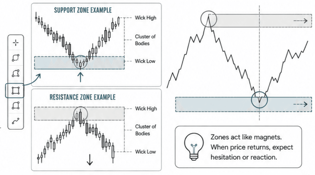 Drawing support and resistance as zones (rectangles) not lines.