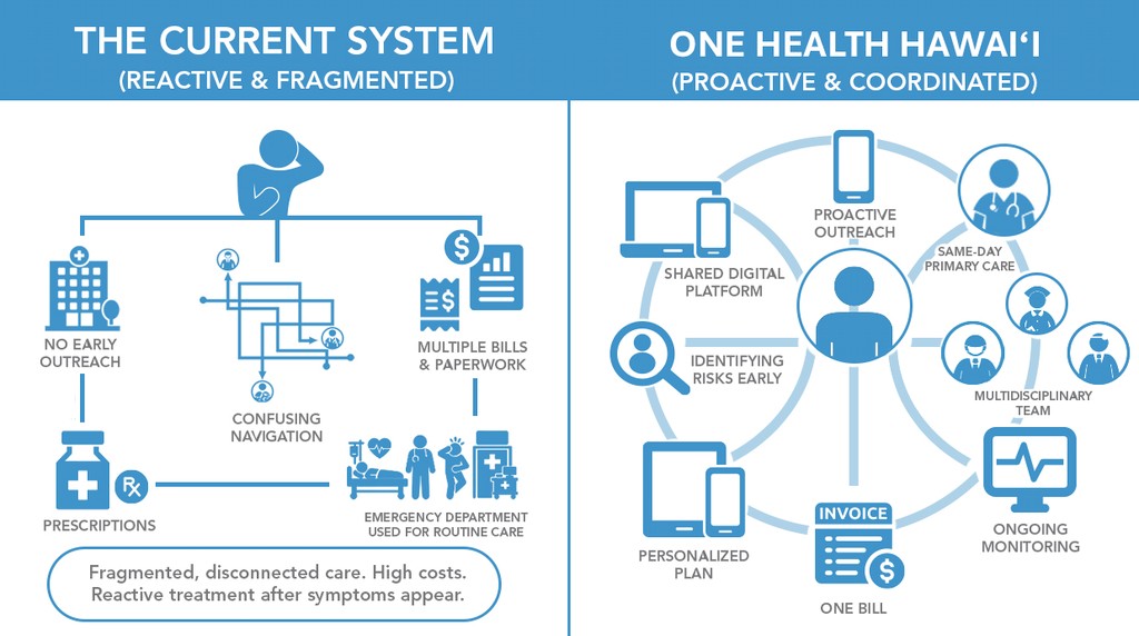 Infographic that shows the current system vs one with One Health Hawai'i