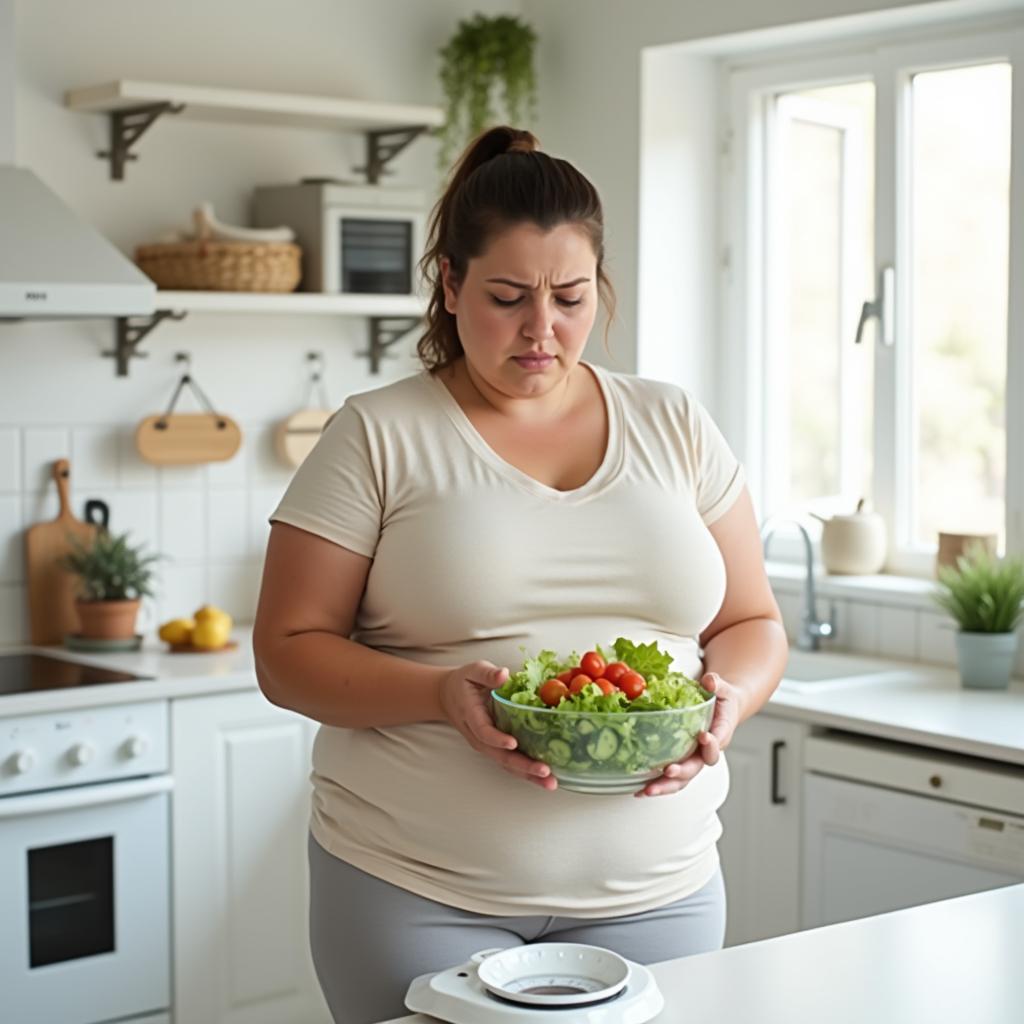 Mujer con sobrepeso frustrada por no perder peso, símbolo de obesidad y desbalance metabólico