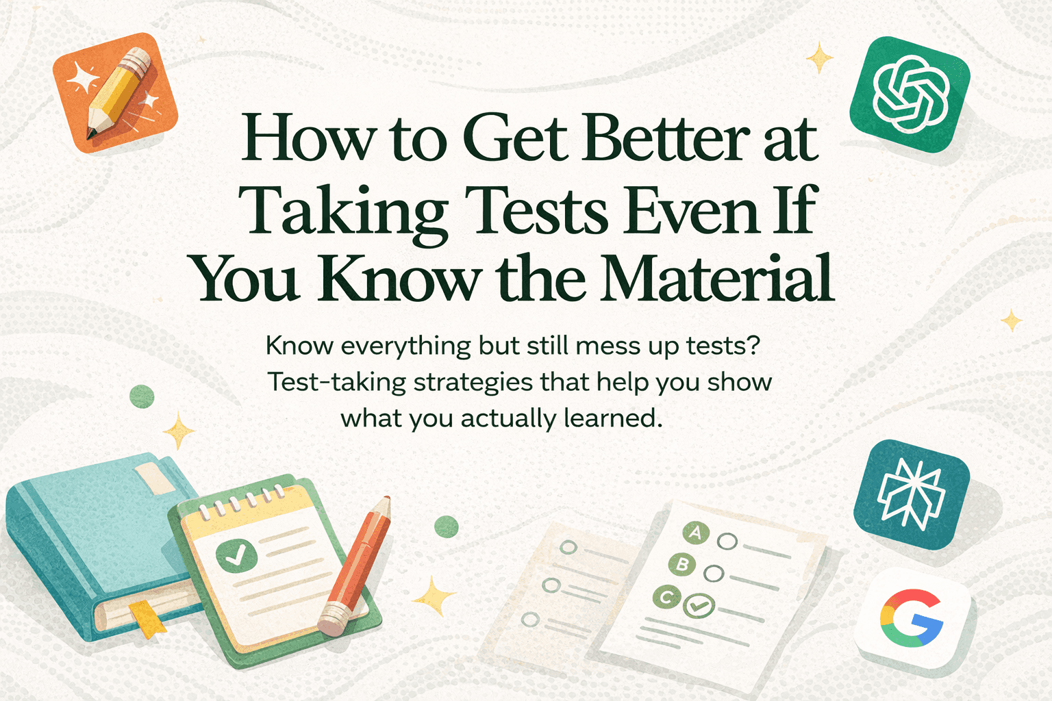 How to Get Better at Taking Tests Even If You Know the Material, minimalist study poster with notebook and exam sheets
