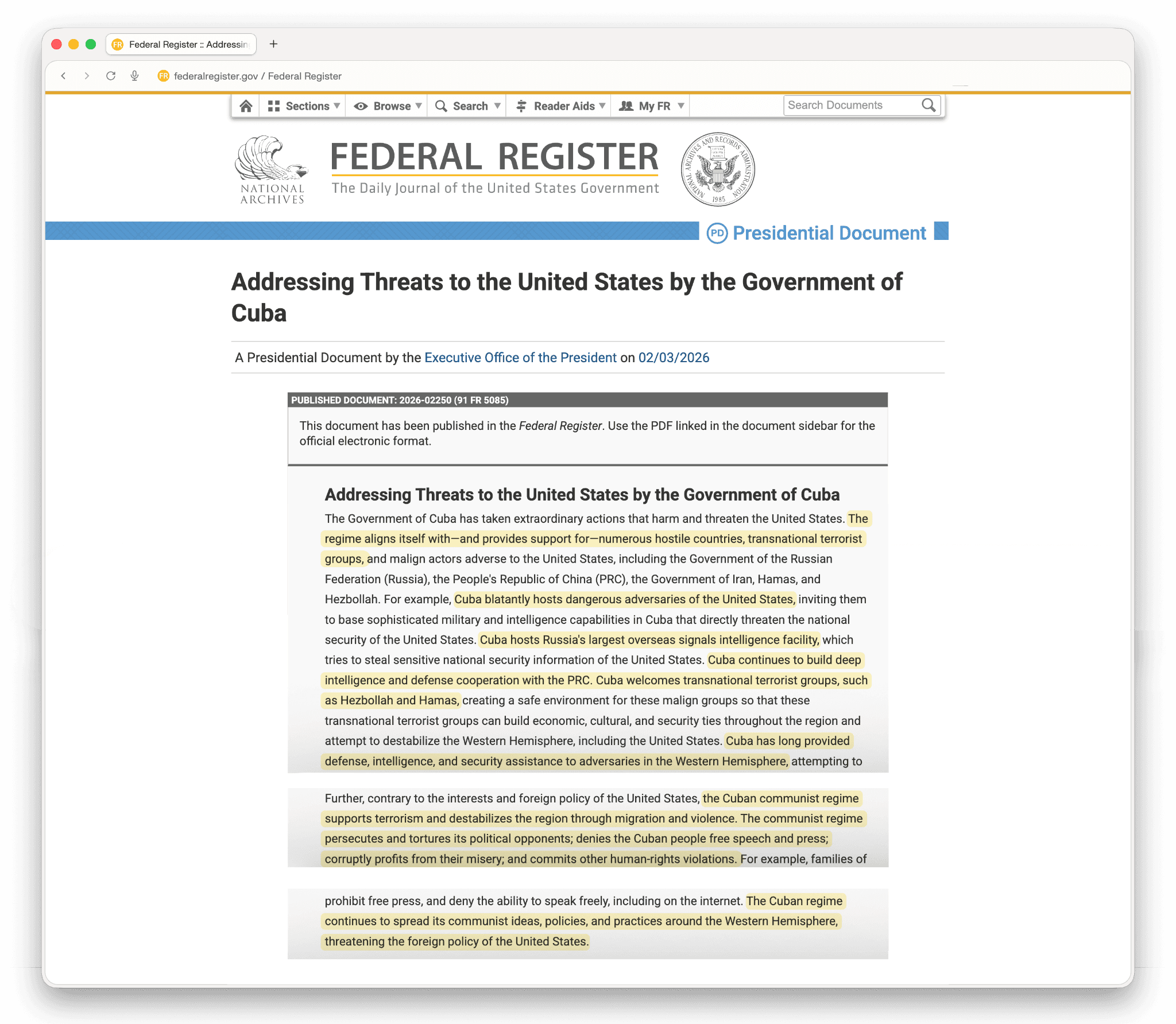 A screenshot of Executive Order 14380 hosted on the Federal Register with key excerpts of text highlighted.