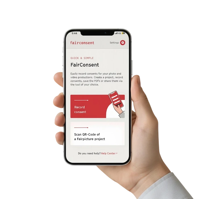 Mobile app screen displaying FairConsent for recording photo and video consents.