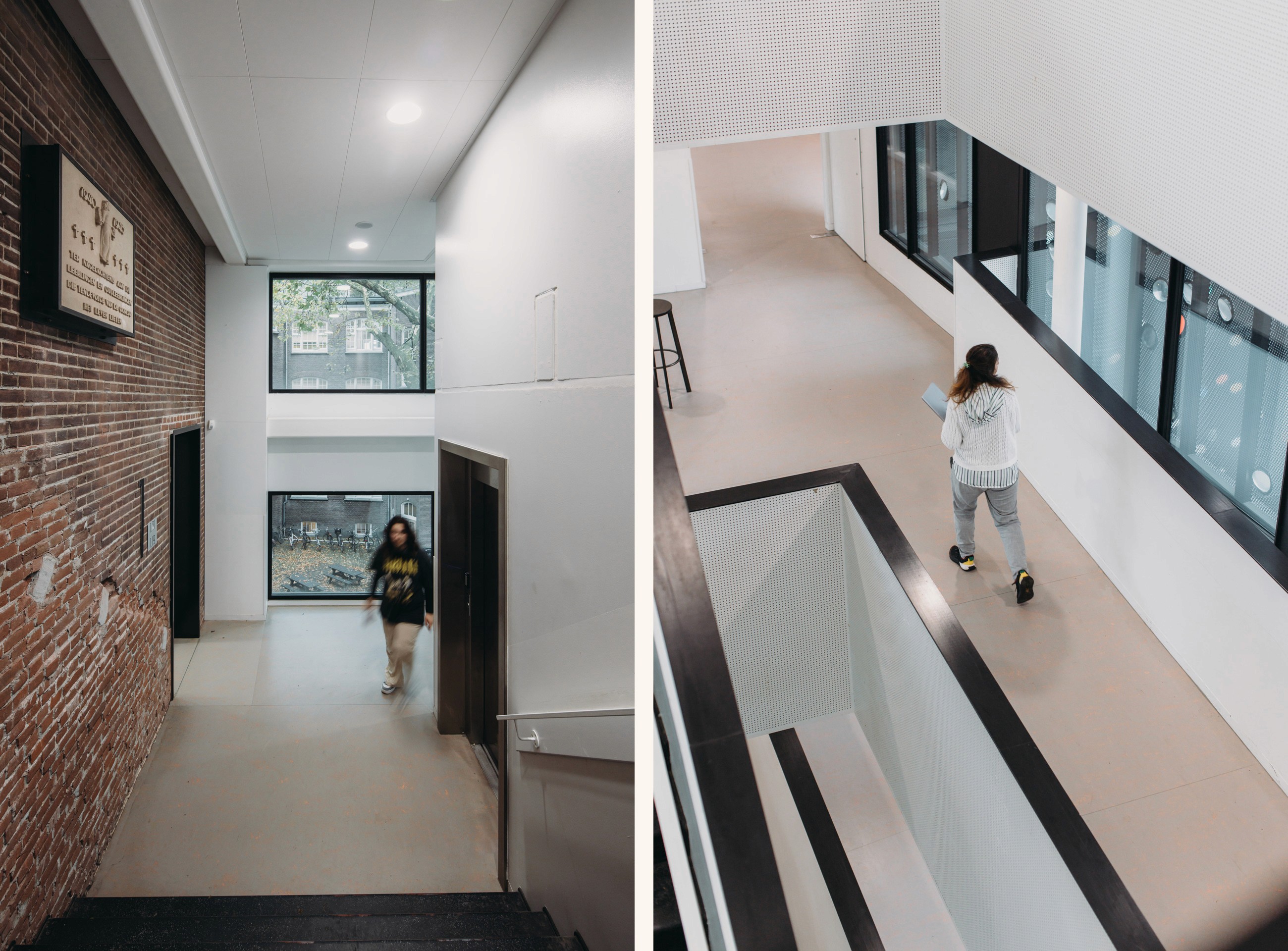 Photo of the interior spaces in the hallway, entrance area and corridor of the new connecting building of the Metis Montessori Lyceum in Amsterdam