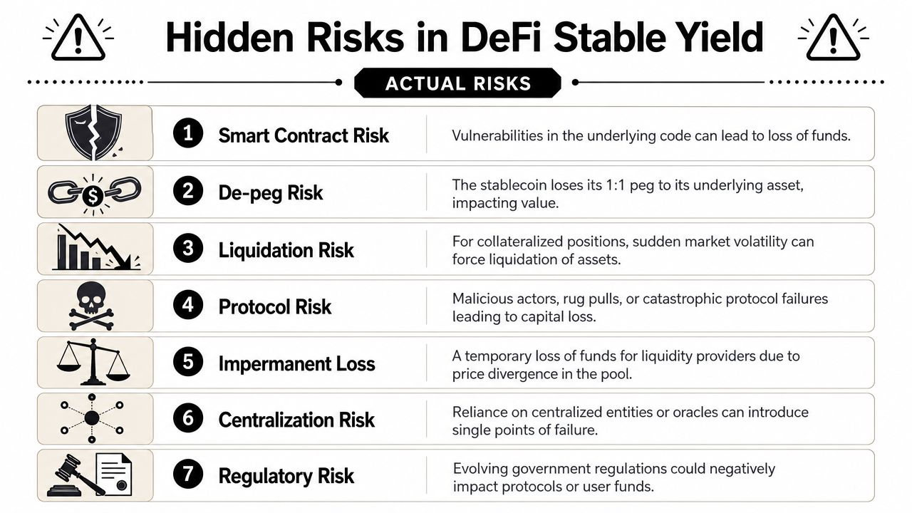 An infographic titled Hidden Risks in DeFi Stable Yield outlining seven common financial risks in decentralized finance.