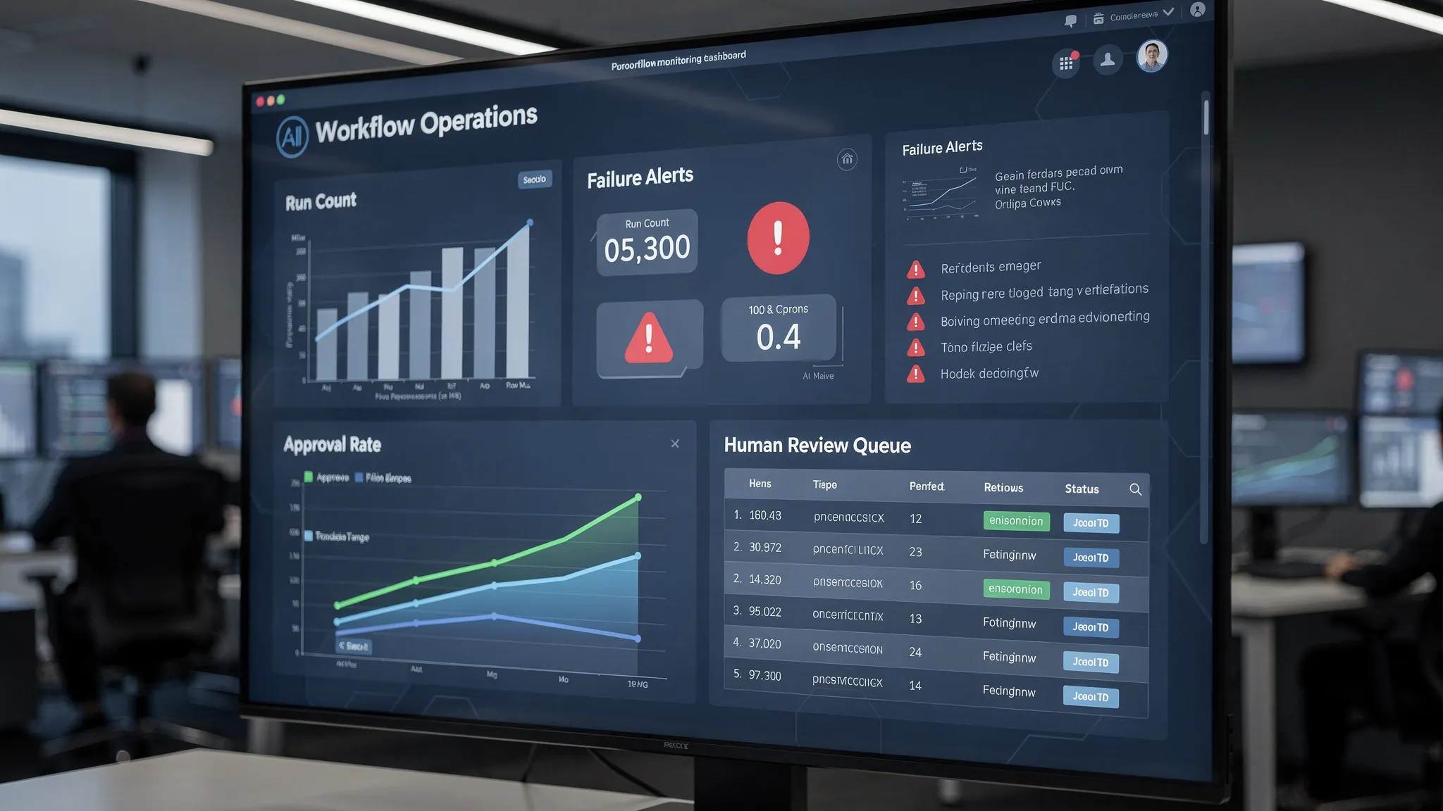 Operations monitoring view showing AI workflow run count, failure alerts, approval rate trends, and a queue of items needing human review.