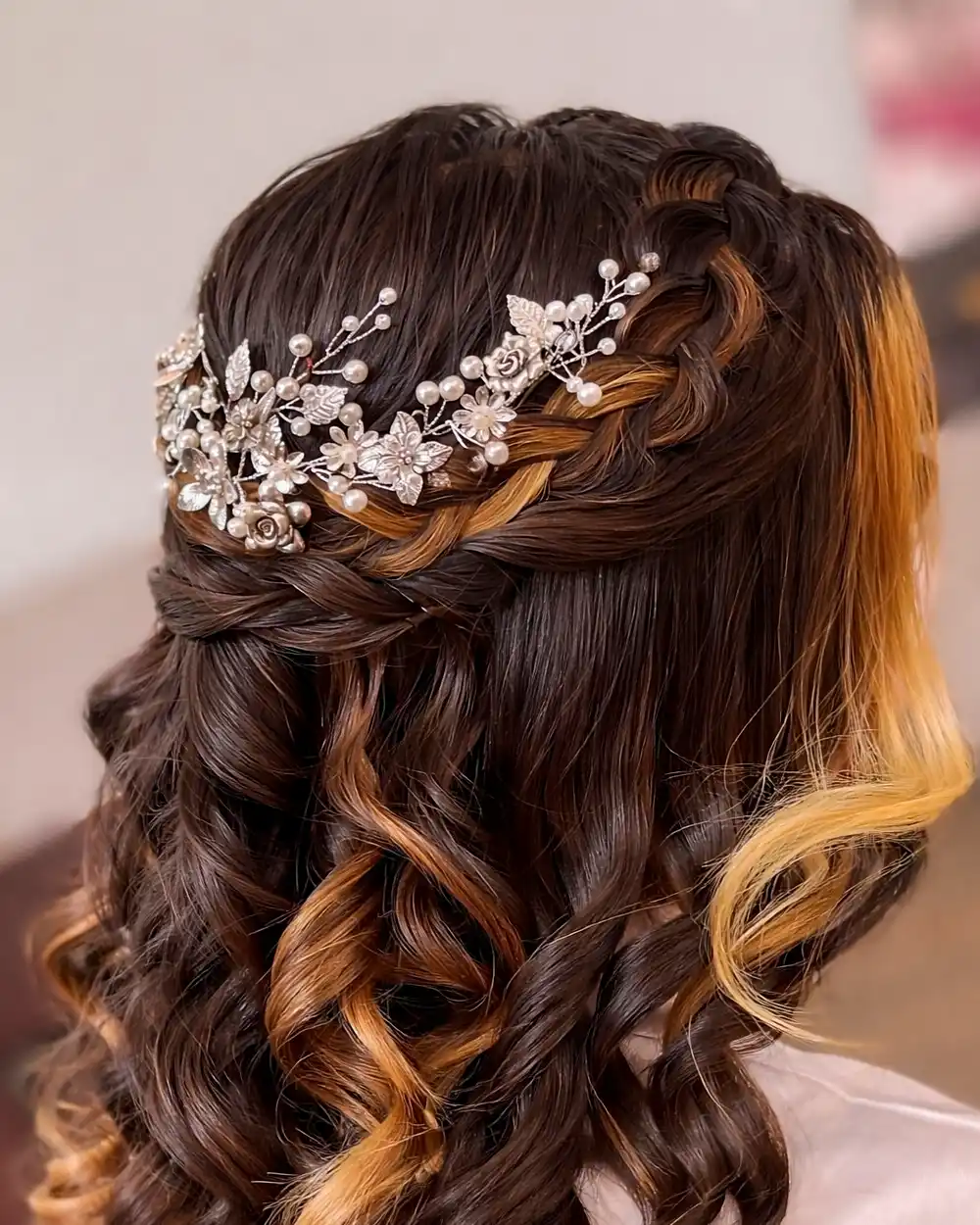 Tocado con flores metálicas plateadas, perlas blancas y cristales transparentes