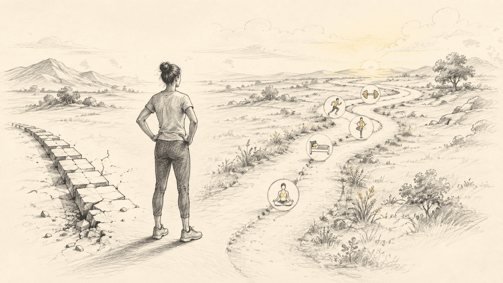 Pencil sketch of a person choosing between a broken short-term workout path and a sustainable long-term fitness plan