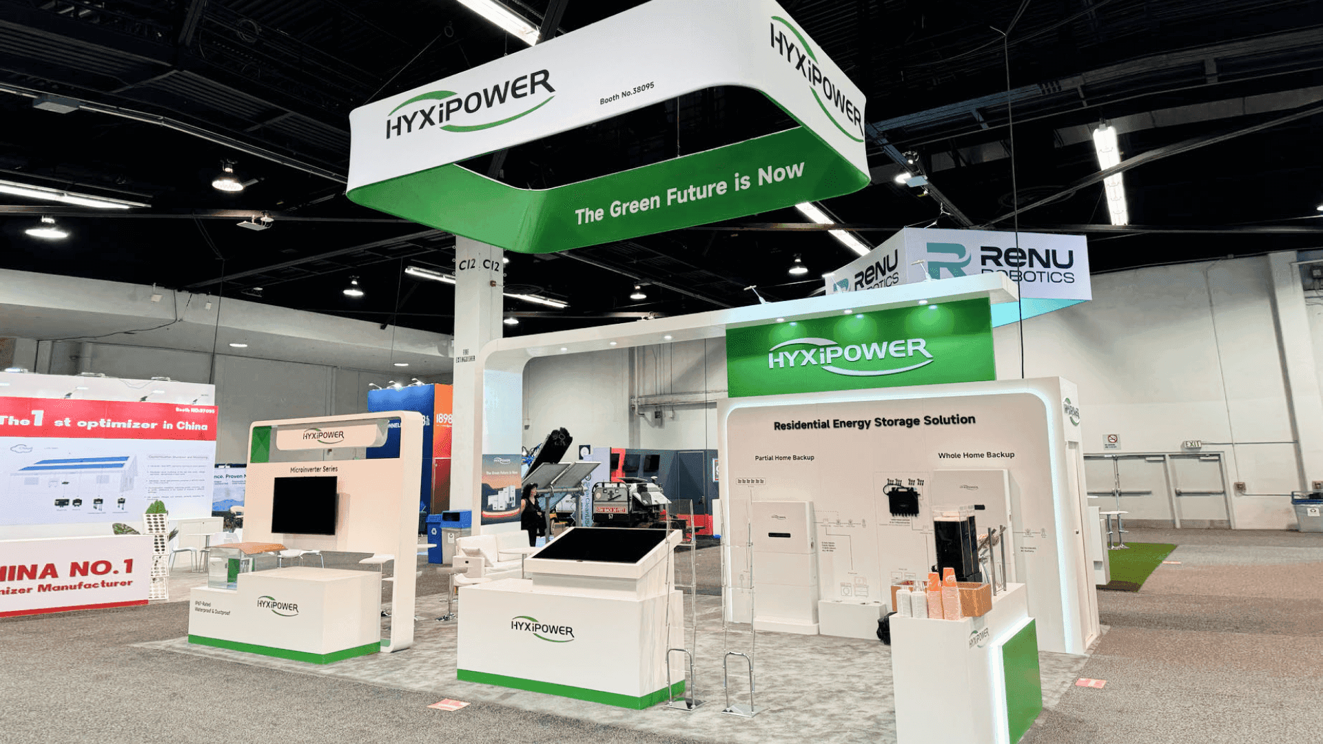 Modular rental booth reference for Caesars Forum planning with branded walls, counters, storage, meeting space, graphics, and clean visitor flow